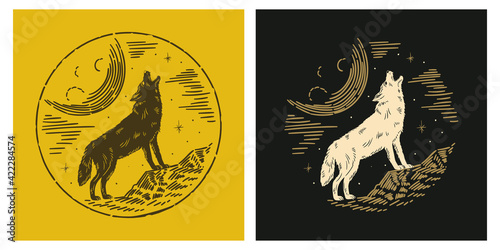Fototapeta Howling wolf line esoteric alchemy magic space illustration design