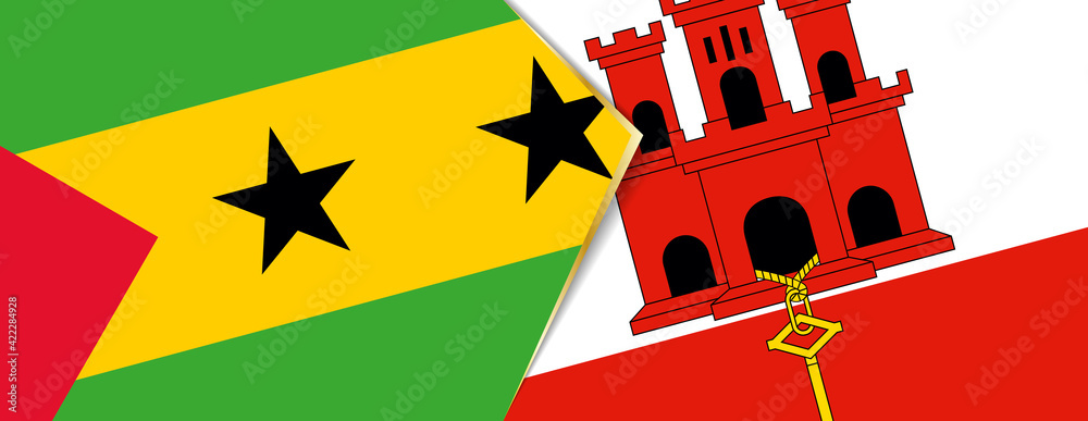 Sao Tome and Principe and Gibraltar flags, two vector flags. Sao Tome and Principe and Gibraltar flags, two vector flags.