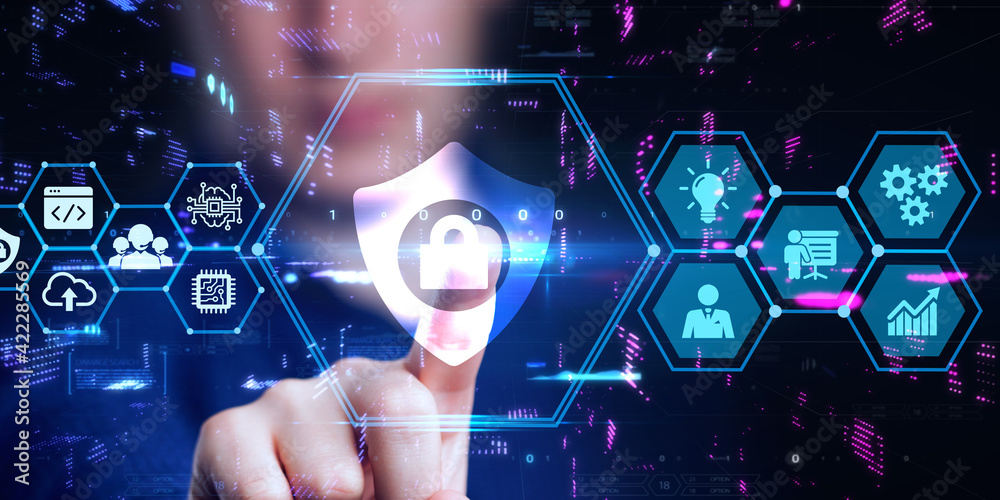 Cyber security data protection business technology privacy concept. Young businessman select the icon security on the virtual display. Cyber security data protection business technology privacy concept. Young businessman select the icon security on the virtual display.
