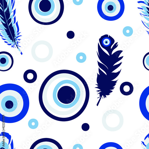 Turkish amulet against the evil eye. Blue eye. Guardian Nazar. Seamless pattern for printing on fabric, textile, paper, interior design. Vector graphics.