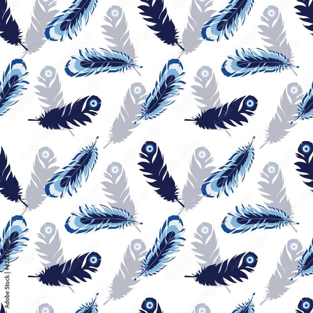 Creative bird feathers. Seamless pattern in blue tones for printing on fabric, paper, interior design, bedding, decorative textiles. Blue eye. Guardian Nazar. Creative bird feathers. Seamless pattern in blue tones for printing on fabric, paper, interior design, bedding, decorative textiles. Blue eye. Guardian Nazar.