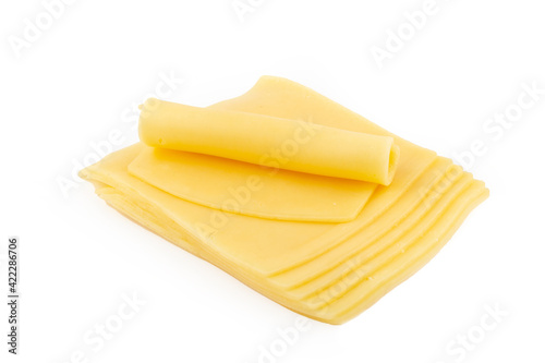 Stack of cheese slices on white background