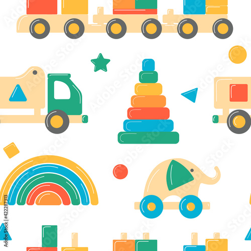 Children's wooden toys. Educational logic toys for preschoolers. Seamless pattern on a transparent background.