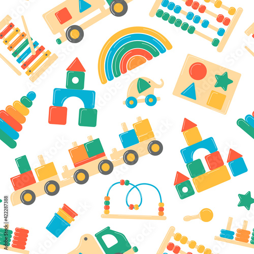 Children's wooden toys. Educational logic toys for preschoolers. Seamless pattern on a transparent background.
