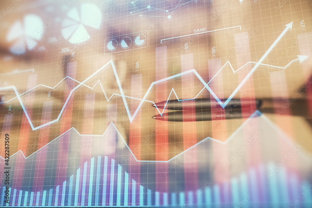Double exposure of forex chart over coffee cup background in office. Concept of financial analysis and success.