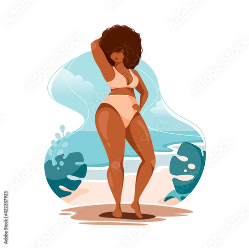Vector illustration of a beautiful african american woman with curly hair in swimsuit on a tropical beach. Plus size figure. Summer female body positive concept