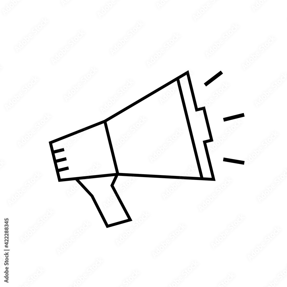Speaker icon. Loud announce. Loudspeaker sign. Shout in megaphone. Bullhorn alert. Noise speaker. Speak news announcement. Loud sound horn. Notify icon isolated on white background. Voice. Vector Speaker icon. Loud announce. Loudspeaker sign. Shout in megaphone. Bullhorn alert. Noise speaker. Speak news announcement. Loud sound horn. Notify icon isolated on white background. Voice. Vector