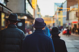 Three friends with hats. people walking in the city