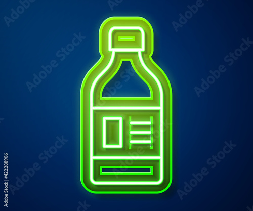 Glowing neon line Plastic bottle for laundry detergent, bleach, dishwashing liquid or another cleaning agent icon isolated on blue background. Vector