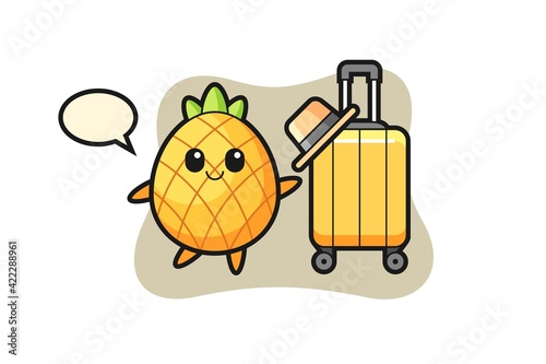 pineapple cartoon illustration with luggage on vacation
