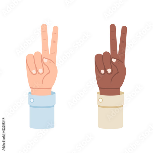 White and black hand shows two fingers, second vector illustration isolated on white background
