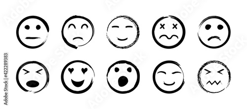 Sketch face. handdrawn icon of smile. Happy and sad emoticon. Doodle of smiley. Set of emoji faces. Outline of black icons. Angry, funny, cute, confused and cry emotions. Sign of character. Vector