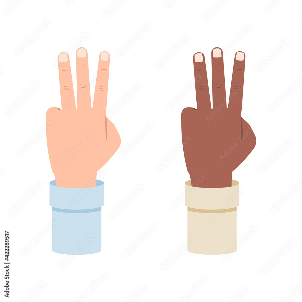 White and black hand shows three fingers, third vector illustration isolated on white background White and black hand shows three fingers, third vector illustration isolated on white background