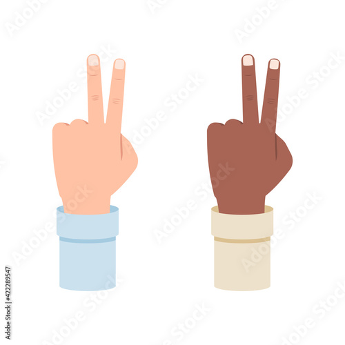 White and black hand shows two fingers, second vector illustration isolated on white background