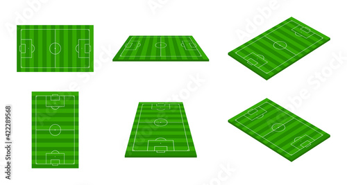 Football stadium. 3d soccer field. Green football arena with perspective view. Isometric court for sport game. Green grass on soccer field with line, frame and corner. European league. Vector