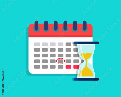 Deadline on calendar with hourglass. Plan of project with time on clock. Icon of schedule with hourglass. Concept of countdown, management and reminder. Duration of time to deadline. Vector photo