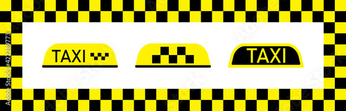 Taxi sign for car. Cab on yellow-black checkered background. Flag for driver in Nyc. Checkerboard pattern. Icon for taxi service. Wallpaper for public transportation and travel. Logo for roof. Vector