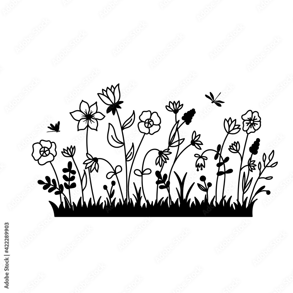 Vector wild herbs and flowers silhouette background. Field with grass