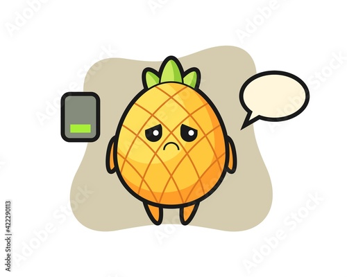 pineapple mascot character doing a tired gesture