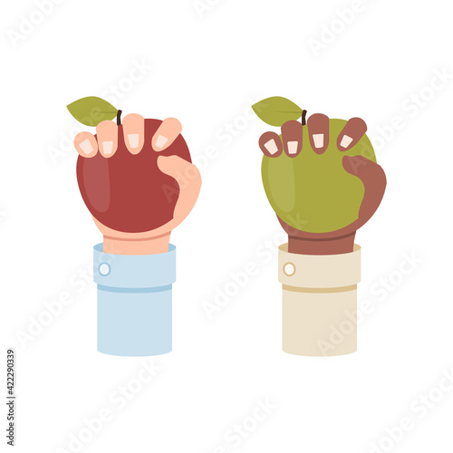 White and black hand holding an apple vector illustration isolated on white background