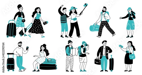 Travel people collection. People travellers, tourists summer adventure. Family travelling, student friends trip with luggage decent vector set