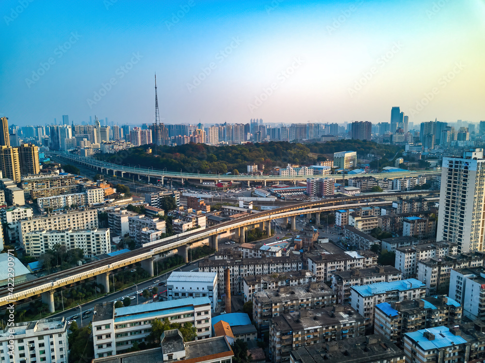 Aerial photography of Nanning city, Guangxi, China, intersection of railway and highway viaduct