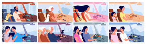 People in car. Driver highway, drive vehicle or transportation. Man in trip, family travel together. Persons road adventures utter vector scenes