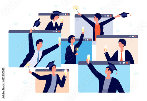 Online graduation. Graduates virtual party, young men celebrate video call. Happy people together, digital event. New normal utter vector concept