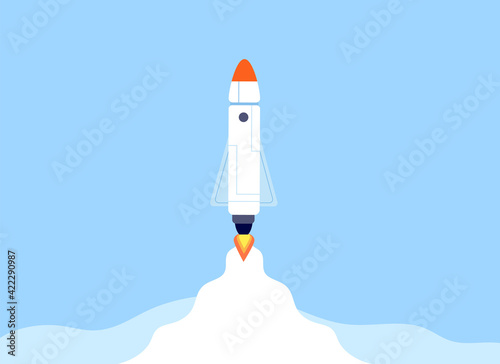 Rocket launch. Space ship launches, simple spaceship on start. New project or business, cartoon flat shuttle fly in sky utter vector background