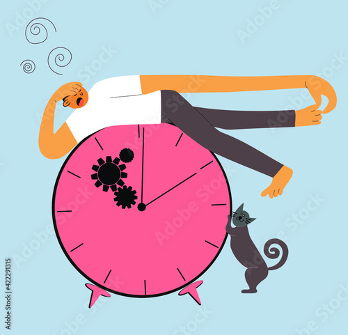 The guy is procrastinating, lying on top of the big clock and scratching his leg, the cat stretching, a metaphor.