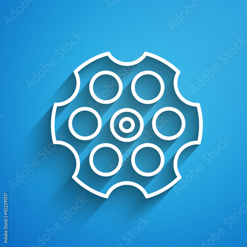 White line Revolver cylinder icon isolated on blue background. Long shadow. Vector