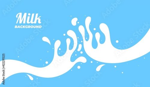Milk splash banner. Dairy splashes, white creamy liquid drops. Fresh farm food, milky flow element. Flat milkshake wave recent vector poster