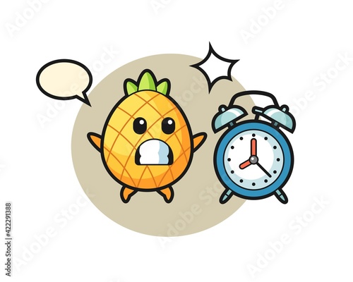 Cartoon Illustration of pineapple is surprised with a giant alarm clock