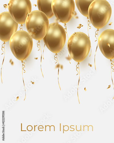 Poster witn realistic golden ballons and ribbons, serpentine, gold confetti on top. Vector illustration for card, party, design, flyer, poster, decor, banner, web, advertising. 