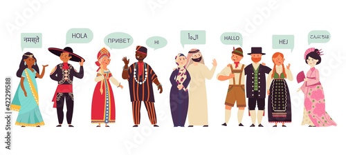 Multilingual characters. Group talking people, conversation on diverse language. Communication activities, business greeting decent vector concept