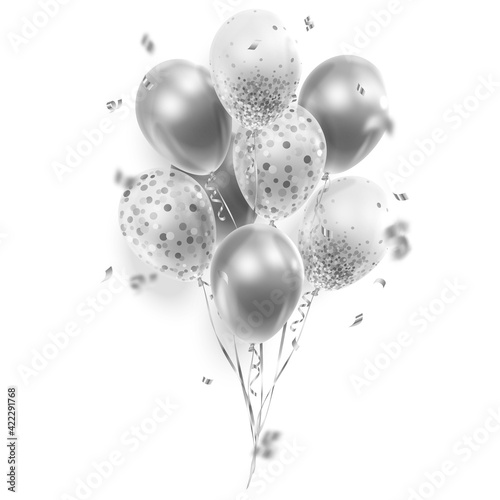 Bouquet, bunch of realistic transparent, silver ballons and ribbons, serpentine, confetti. Vector illustration for card, party, design, flyer, poster, decor, banner, web, advertising. 
