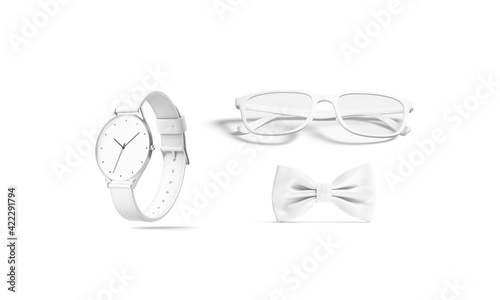 Fotografija Blank white bow tie, glasses and watch mokup, isolated