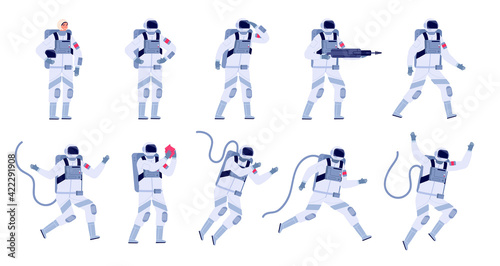 Cartoon astronaut. Flat astronauts group, astronomy party characters. Spaceman costume design, adult cosmonaut in universe utter vector set