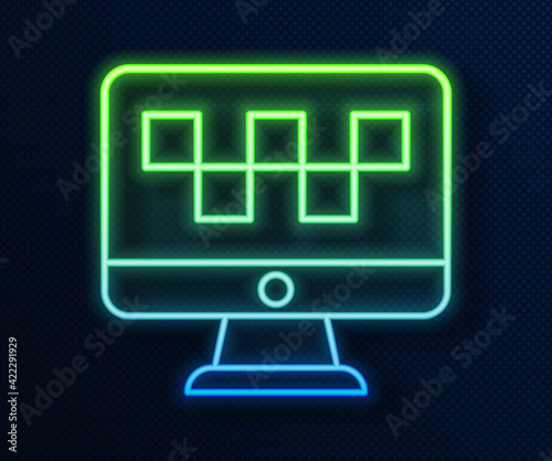 Glowing neon line Computer call taxi service icon isolated on blue background. Vector