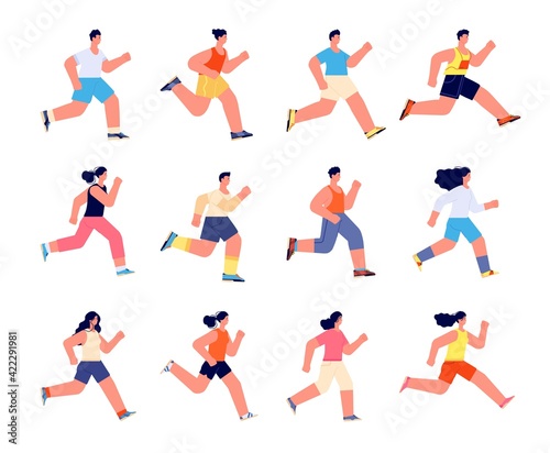 Running athletes characters. Profile jogger, athlete man jogging. Isolated athletic men run, sport exercise. Outdoor active people utter vector set