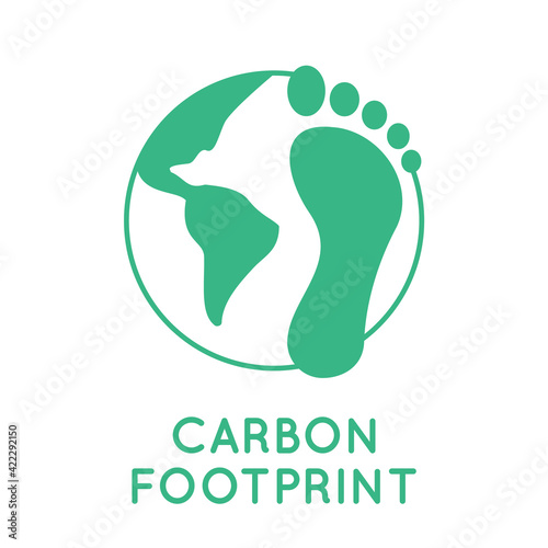 Carbon footprint with a globe. Human impact on Earth. Green footprints with world map. Step on a planet. Toxic gases pollution. Environmental damage. Zero emission goal. Vector illustration, clip art.