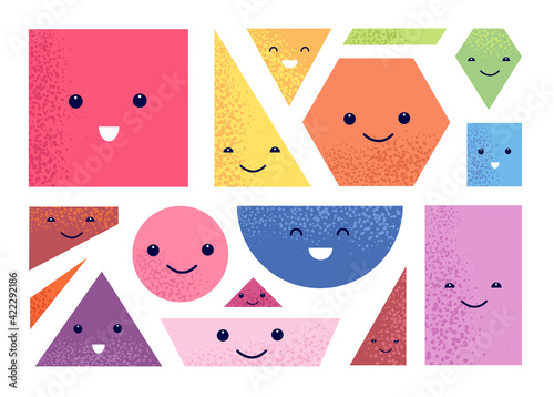 Geometric shapes characters. Polygon faces, kid drawing emotions. Circles with eyes, isolated abstract funny utter vector elements for education