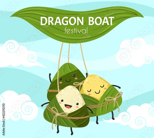 Rice dumpling festival. Asian dumplings, cute chinese food. Cartoon dragon boat festival poster, bamboo leaves and zongzi exact vector banner