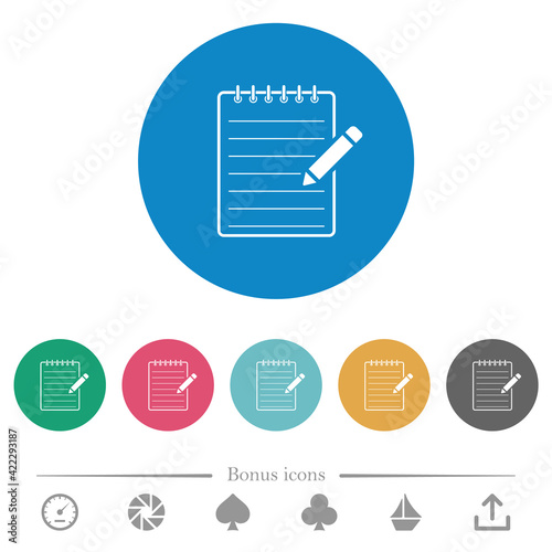 Spiral notepad with pencil flat round icons