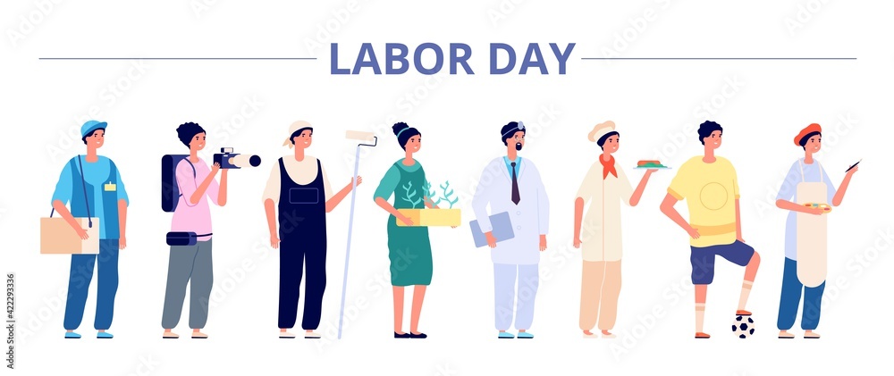 Labor day. International industrial workers group, people professional careers. Different girls boys on job banner, may holiday vector flyer