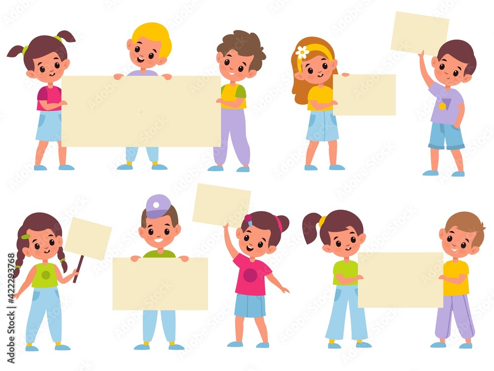 Children with banners. Cartoon kids with blank placards in hands, little people carry clean posters templates, girls and boys hold paper sheets. Advertising posters vector isolated set Children with banners. Cartoon kids with blank placards in hands, little people carry clean posters templates, girls and boys hold paper sheets. Advertising posters vector isolated set