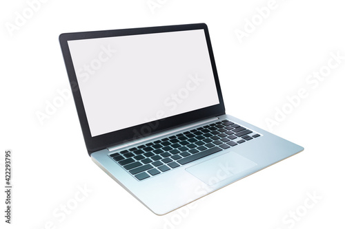 Laptop computer with white blank screen on white background.