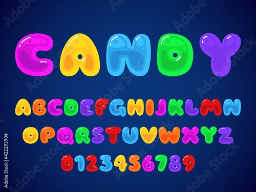 Candy jelly font. Kids candies latin alphabet, color delicious sweet letters and tasty numbers, children lollipop or marmalade glossy abc. Trendy typeface vector 3d cartoon isolated set