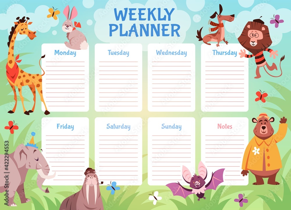 Kids animals weekly planner. School student schedule with wild fauna