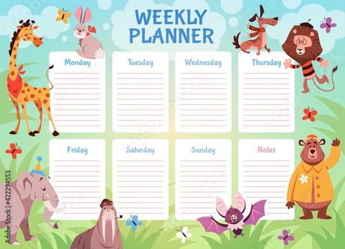 Kids animals weekly planner. School student schedule with wild fauna, children to do list with rabbit elephant and lion. Life planners daily routine organization vector cartoon concept